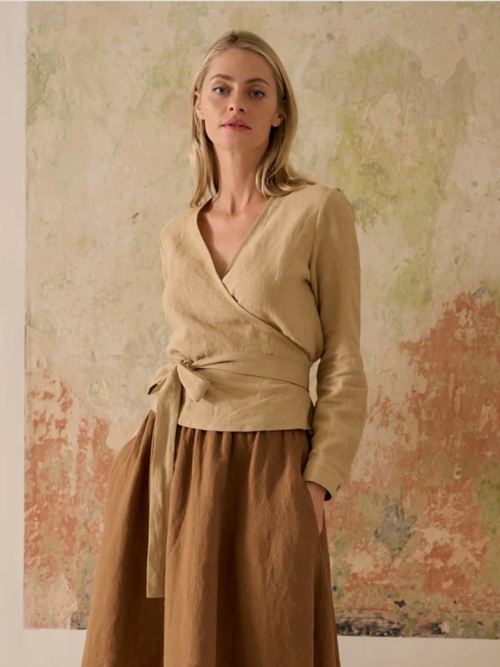 Wrap-Front Linen Blend Top in Tan